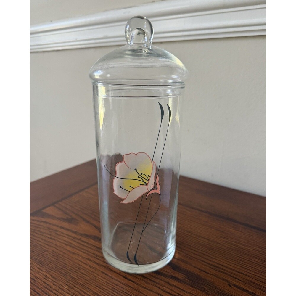 Pasabahce Turkey Clear Glass Apothecary Jar & Lid Pink Yellow Florals w/ Sticker